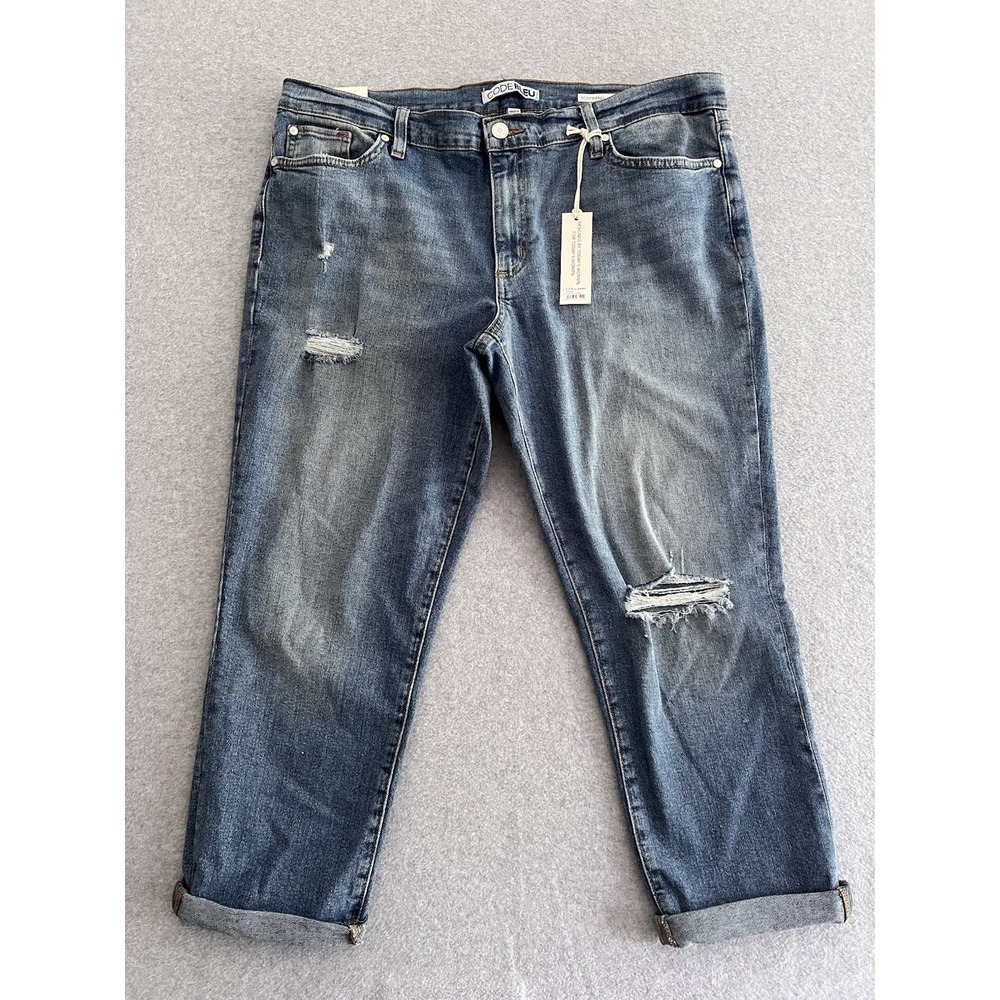 Code BLEU Boyfriend Jean Straight Leg Tummy Slimming Sz 16 Jelena Wash Distress